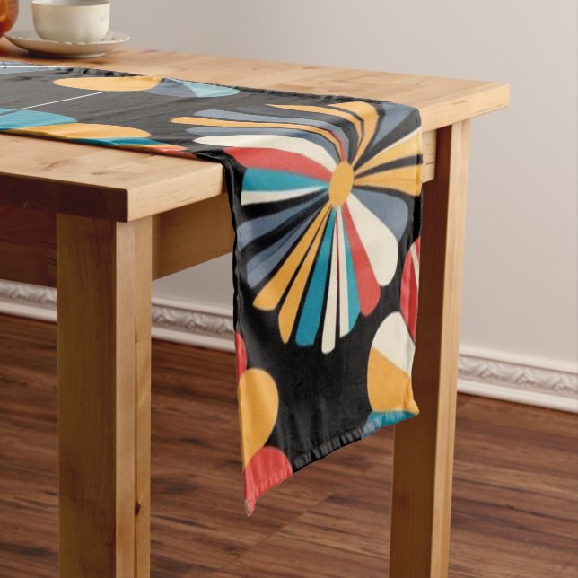Caminho De Mesa Pequeno Retro Black Rainbow geometric Flowers Pattern  (No Local)