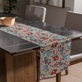 Caminho De Mesa Pequeno Robôs Retro Azul e Vermelho Padrão