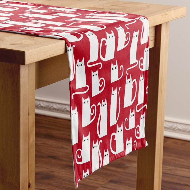 Caminho De Mesa Pequeno Tableclota Vermelha e Branca de Gato Divertido (Red and white kitty cat festive table runner)