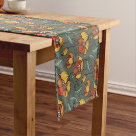 Caminho De Mesa Pequeno Teal Dourado Laranja Floral Retro