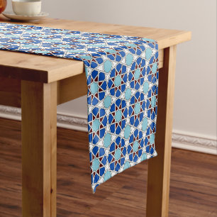 Caminho De Mesa Pequeno Teste padrão geométrico marroquino branco azul