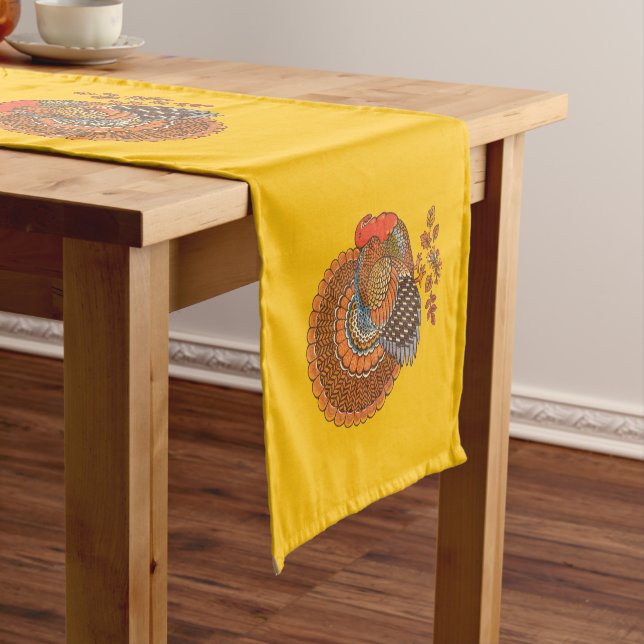 Caminho De Mesa Pequeno Thanksgiving Male Turkey Colourful Feathers Gold (No Local)