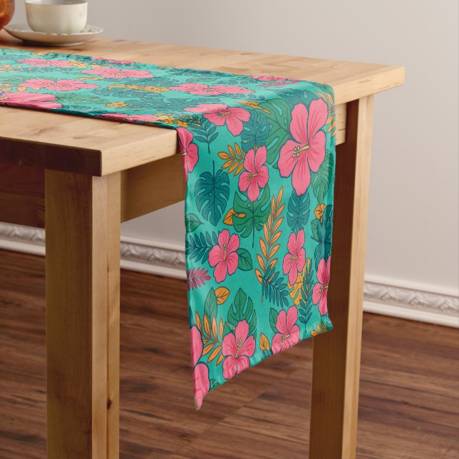 Caminho De Mesa Pequeno Tropical Hibiscus and Palm Leaf Pattern  (No Local)