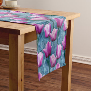 Caminho De Mesa Pequeno Tulipas Cor-de-Água Rosa e Estúco Azul