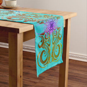 Caminho De Mesa Pequeno Turquesa, azeitona e elegância roxa