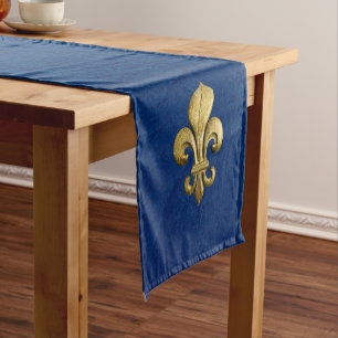 Caminho De Mesa Pequeno Única flor de lis Dourado no azul