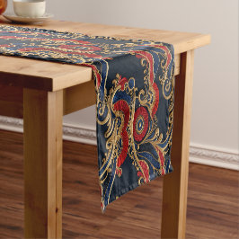 Caminho De Mesa Pequeno Vermelho Rico, Marinho, Rolagem Floral Dourada