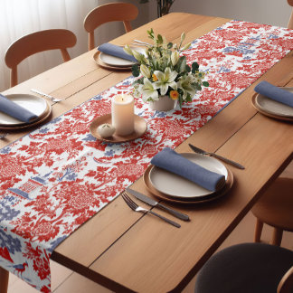 Caminho De Mesa Pequeno Vintage Chinoiserie Delft French red Blue monogram