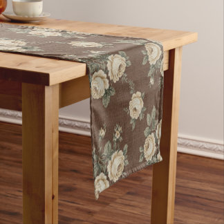 Caminho De Mesa Pequeno Vintage Cream Roses on Mocha Brown Pattern