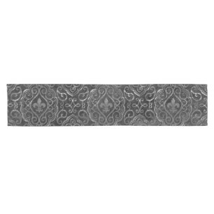 Caminho De Mesa Pequeno Vintage Fleur de Lis Black Silver Grunge Damask