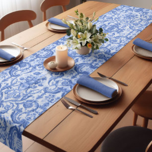 Caminho De Mesa Pequeno Vintagem gráfica Monograma azul toile de jouy
