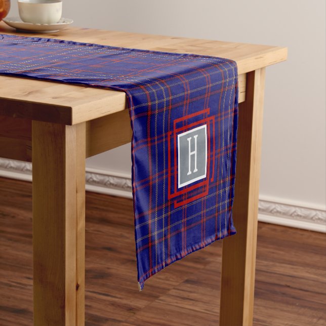 Caminho De Mesa Pequeno Xadrez Azul Vermelho Monograma  (No Local)