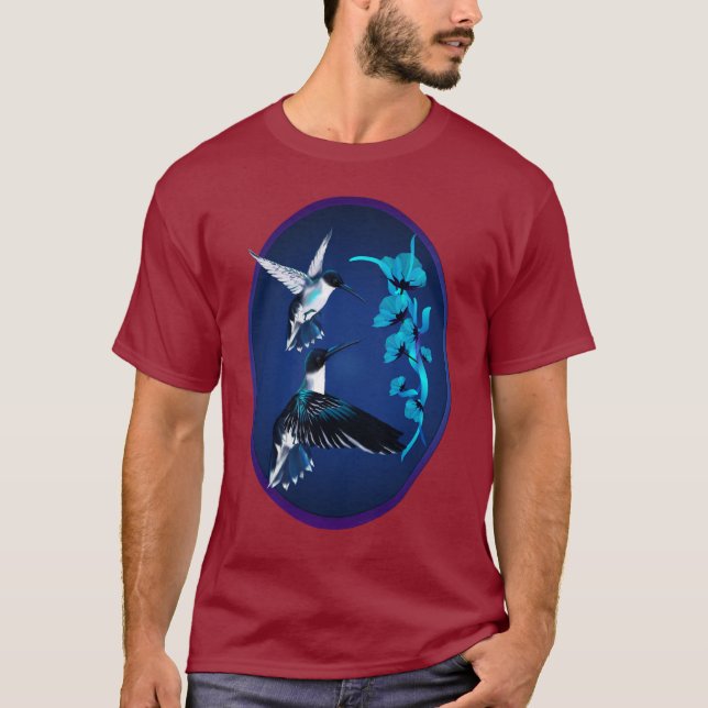 Camisa azul do Oval de dois colibris (Frente)