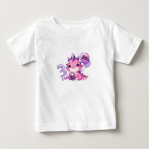 Camisa Bebê Pink Dinosaur Três Rex 3º Aniversário