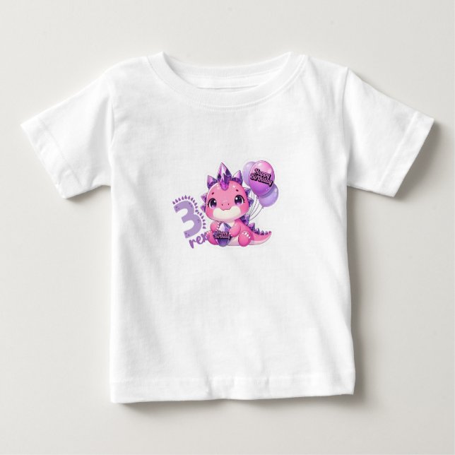 Camisa Bebê Pink Dinosaur Três Rex 3º Aniversário (Frente)