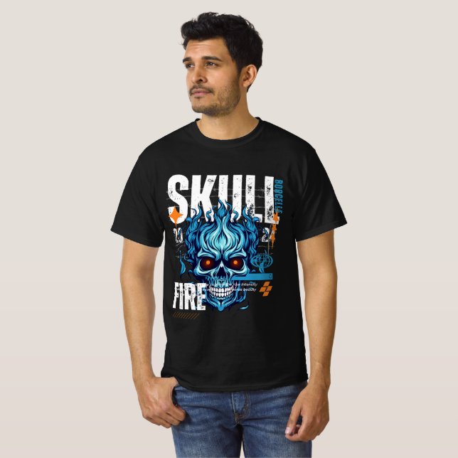 Camisa Blue Flame Skull - Roupa de Rua Ousada (Frente Completa)