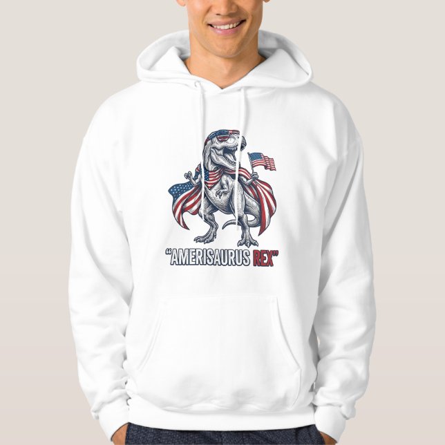 Camisa branca com design patriótico de T-Rex Ameri (Frente)