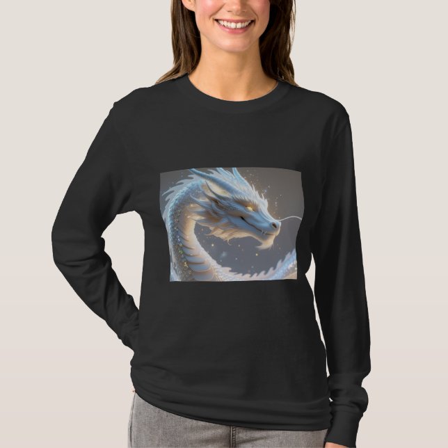 camisa branca de dragão de manga longa feminina (Frente)