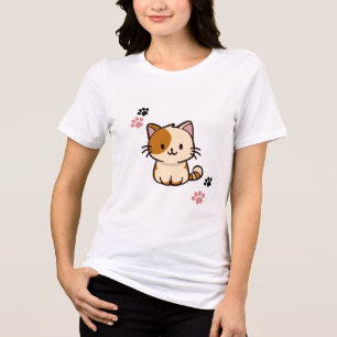 Camisa branca de meia manga com desenho de gato