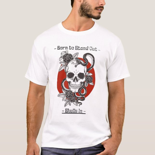 camisa branca impressa com desenho de caveira (Frente)