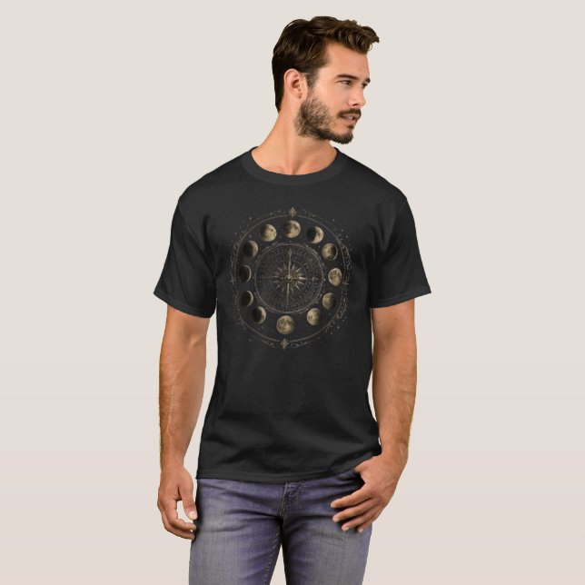 Camisa Celestial com Bússola de Fases da Lua Vinta (Frente Completa)