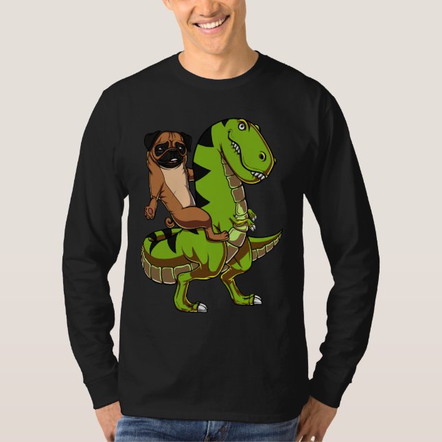 Camisa Clássica T-Rex Dinossaur Cachorro Pug Ridin (Frente)