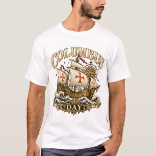 Camisa Columbus Day Navio Antigo e Bússola Dourada
