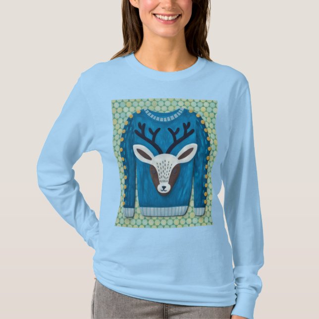 Camisa com Arte de Suéter Feio de Rena (Frente)