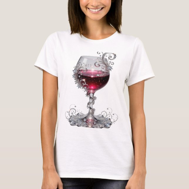 Camisa com desenho de taça de vinho tinto prateada (Frente)
