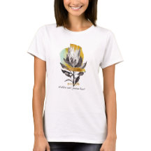 Camisa com flor de proteína, ouro e texto
