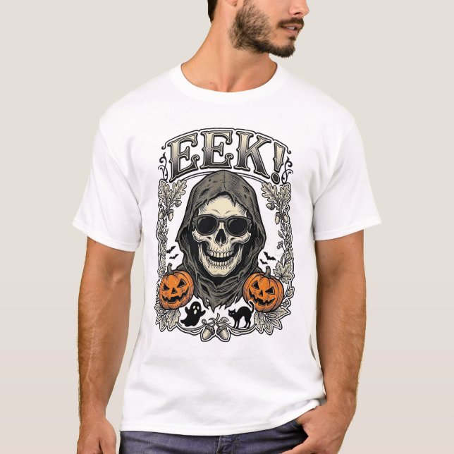 Camisa com Gráfico de Caveira de Halloween Gravura (Frente)