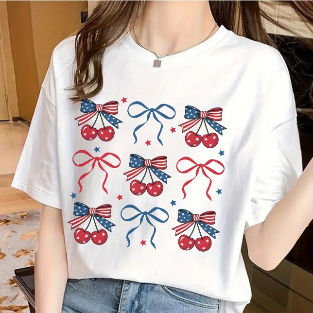 Camisa com Laço Coquette de 4 de Julho, Camiseta P (4th of July shirt, coquette bow shirt, patriotic shirt, USA flag shirt, America shirt, birthday gift)