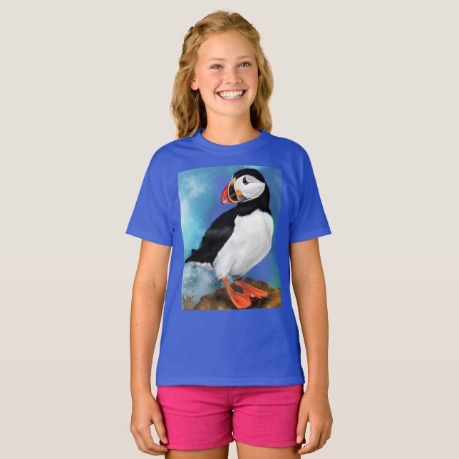 Camisa com Pintura de Ave Fratercula do Atlântico  (Frente Completa)
