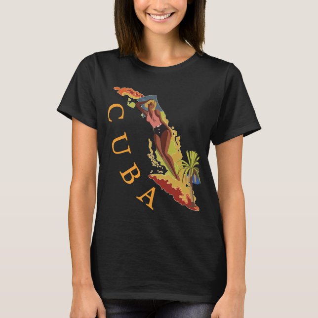 Camisa Cuba Mapa da Ilha Tropical Retro Viagem (Frente)