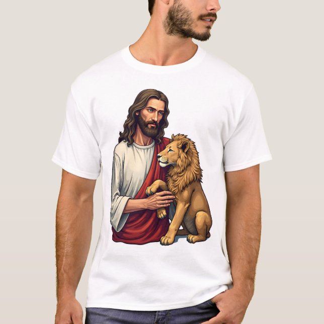 Camisa Da Fé Com Jesus Gravado Leão E Cordeiro 2 (Frente)