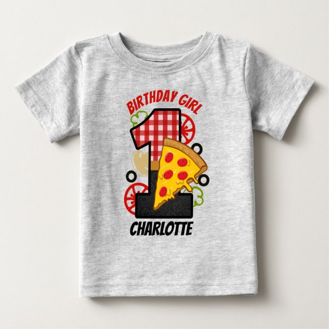 Camisa da menina no primeiro aniversário com pizza (Frente)