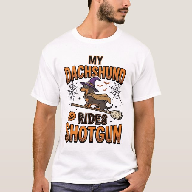 Camisa Dachshund Halloween Witch Broom Rides Shotg (Frente)