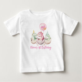 Camisa de 1º aniversário do Dinossauro Rosa