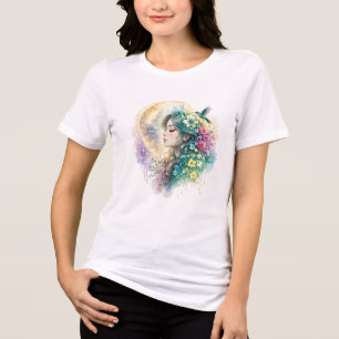 Camisa de água-forte Floral Mulher Beija-flor Aqua