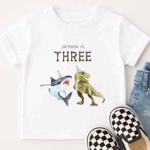 Camisa de aniversário de 3 anos de tubarão e dino,