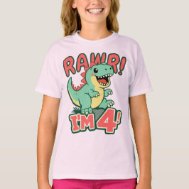 Camisa de Aniversário de 4 Anos de Dinossauro Rosa