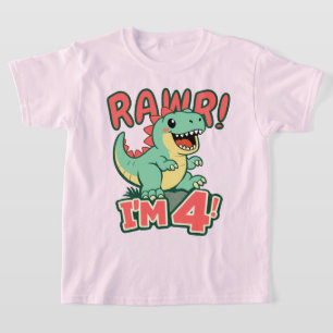 Camisa de Aniversário de 4 Anos de Dinossauro Rosa