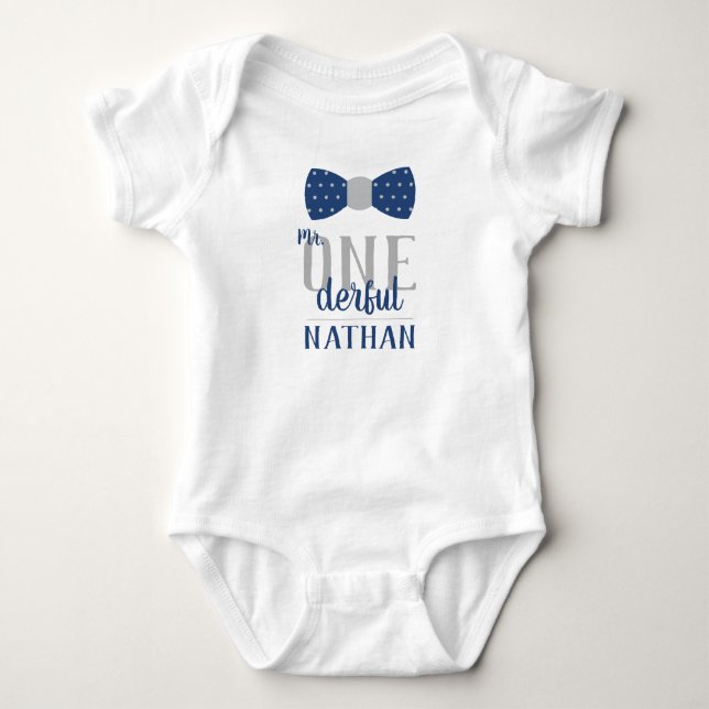 Camisa de Aniversário Mr ONEderful em Azul e Cinza (Frente)