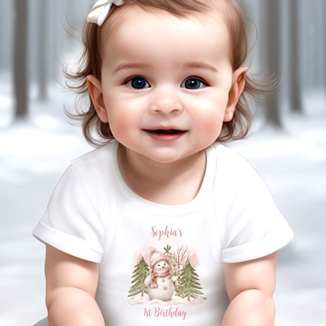 Camisa de aniversário Vintage Snowman Girl Rosa (Winter Pink Vintage Snowman 1st Birthday Baby T-shirt)