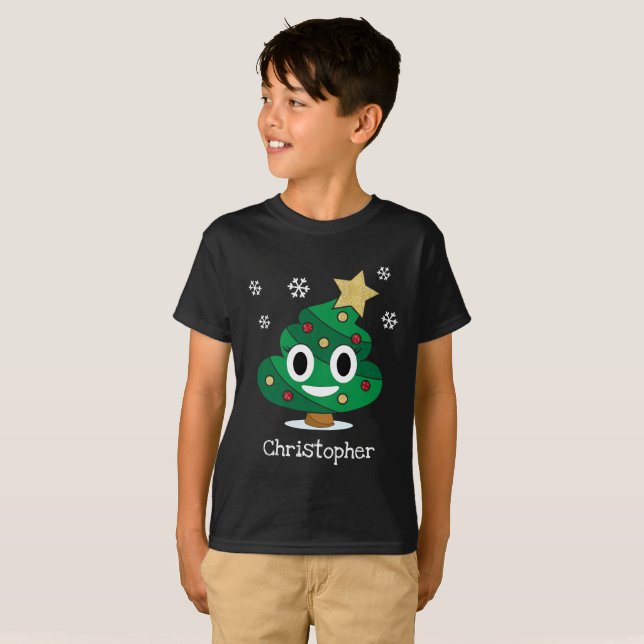 Camisa de Árvore de Natal Emoji T-Shirt com Nome (Frente Completa)