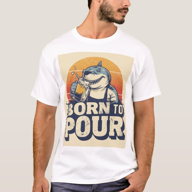 Camisa de Barman Tubarão Nascido para Servir (Frente)