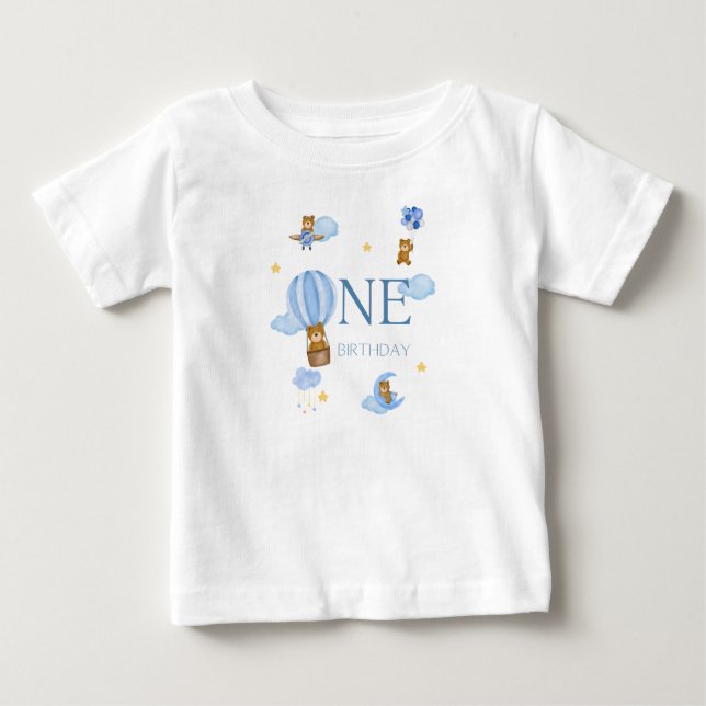 Camisa de Bebê com Urso em Balão de Ar Quente Azul (Frente)