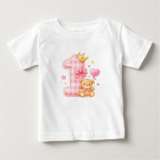 Camisa de Bebê de 1º Aniversário Urso e Xadrez