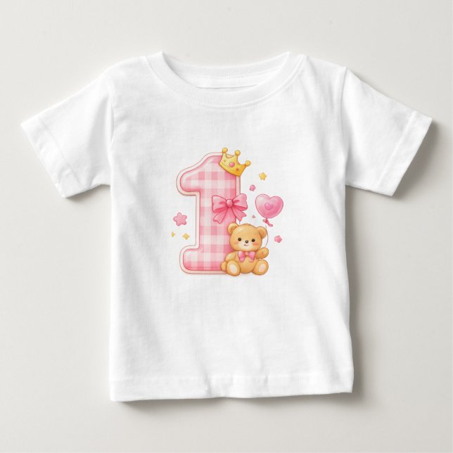 Camisa de Bebê de 1º Aniversário Urso e Xadrez (Frente)