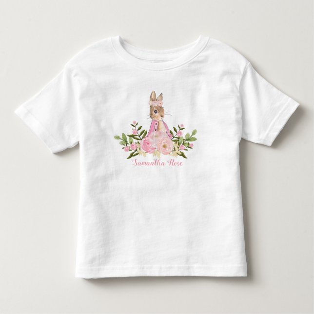 Camisa de Bebê de Aniversário Coelho Floral Rosa (Frente)
